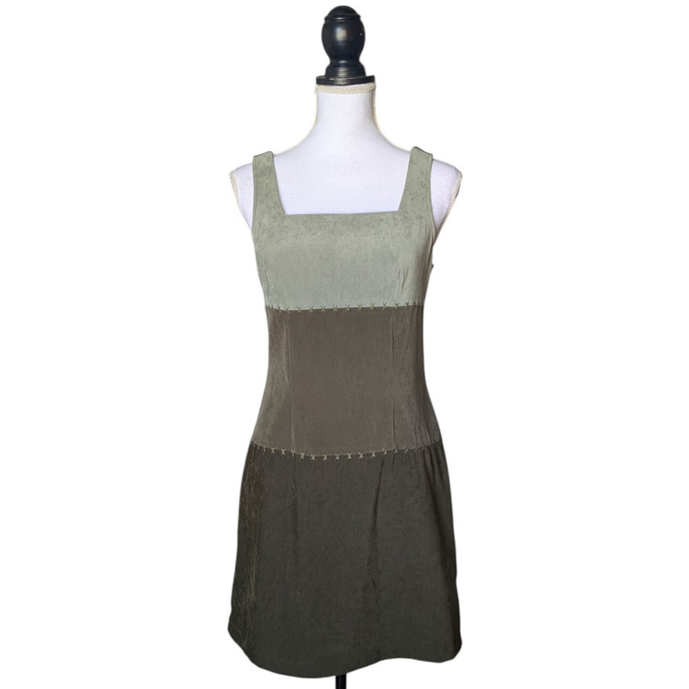 Vintage Y2K City Triangles Green Faux Suede Patchwork Dress Sz 7 Whimsigoth USA